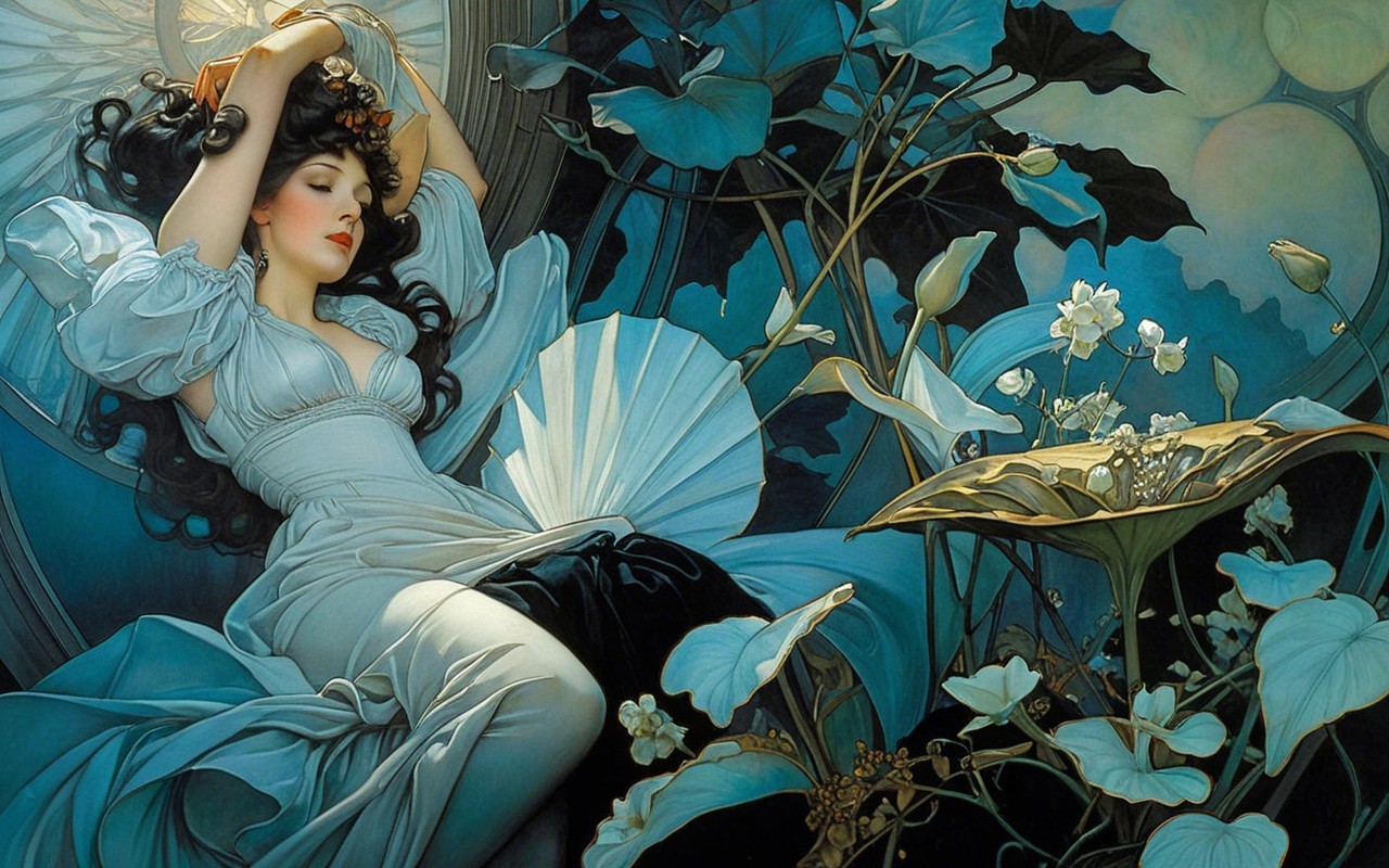 Serene Woman in Ethereal Gown Surrounded by Nature