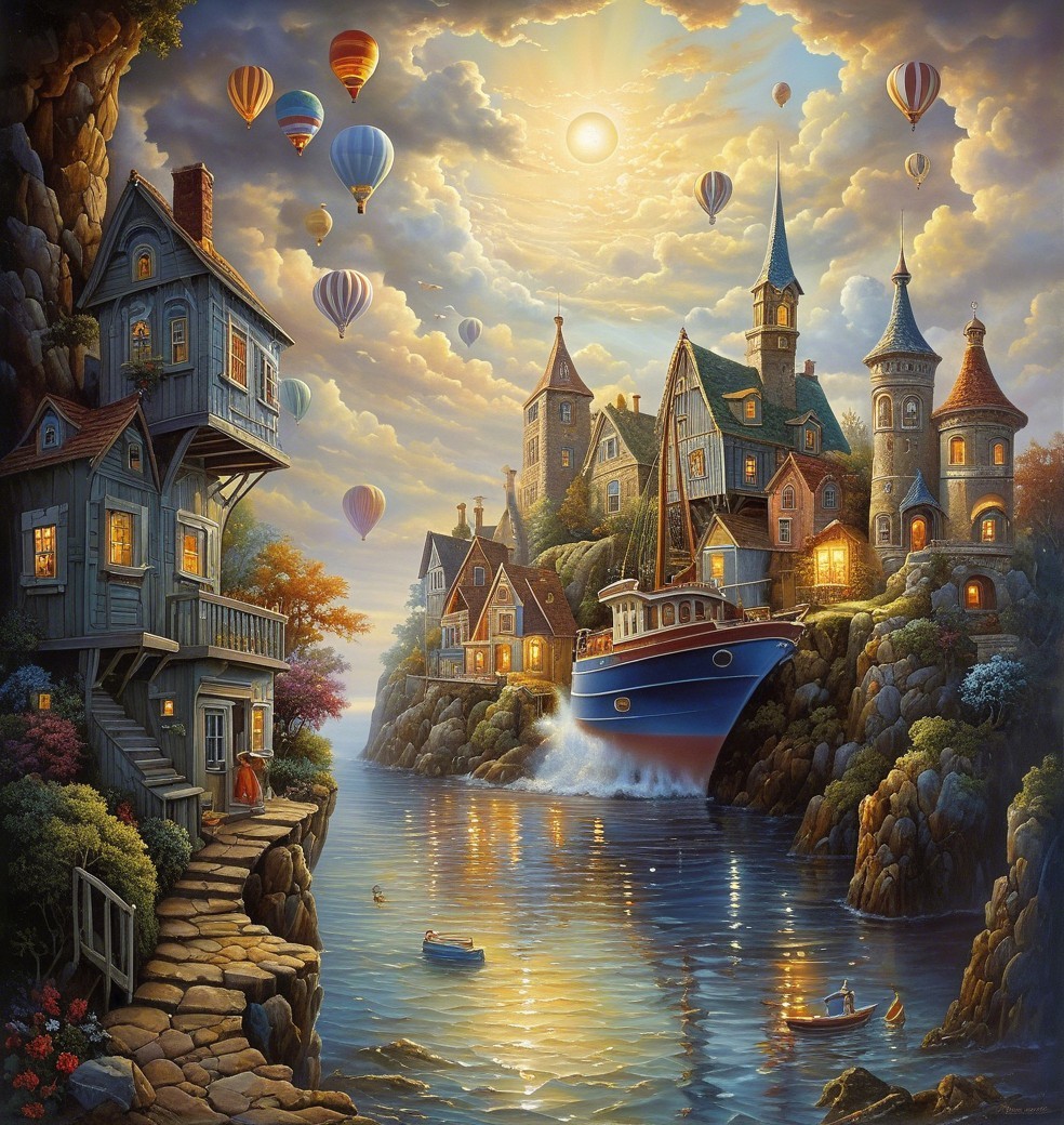 Colorful Coastal Houses and Hot Air Balloons Scene