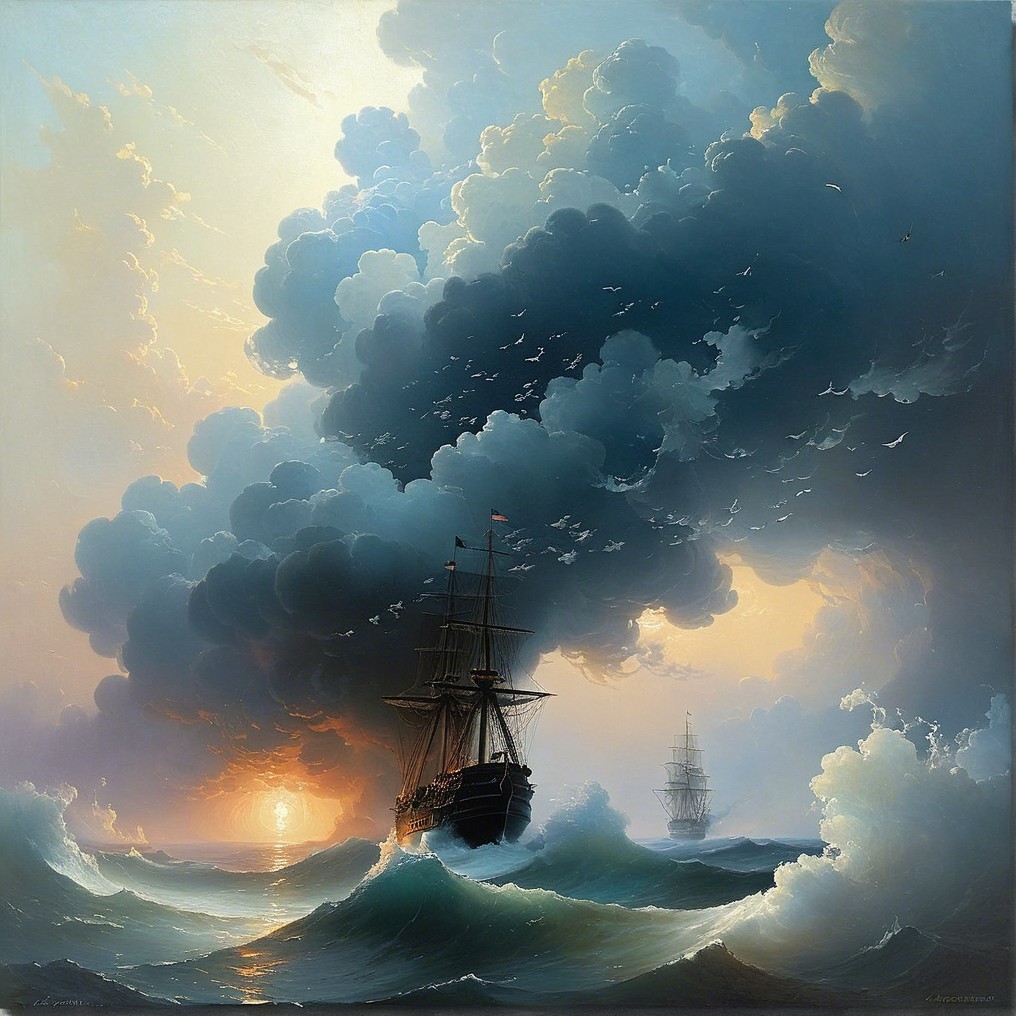 Dramatic Seascape with Tall Ships and Turbulent Waves
