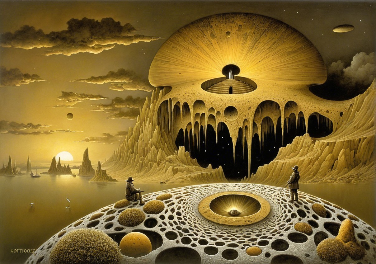 Surreal Landscape with Figures and Cavernous Mountain