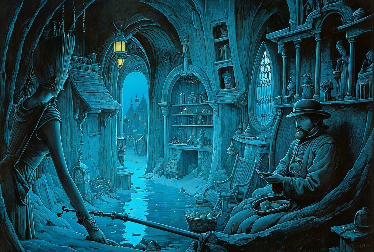 Underground Chamber with Woman and Man by Stream