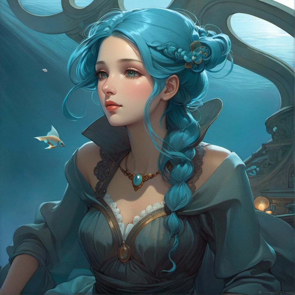 Young woman with blue hair in serene underwater scene