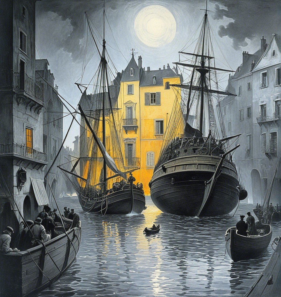 Moonlit Harbor Scene with Ships and Docks