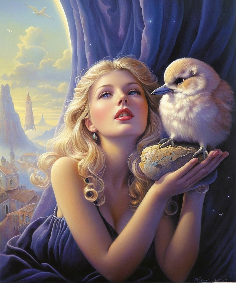 Ethereal Woman with Chick in Mystical Landscape