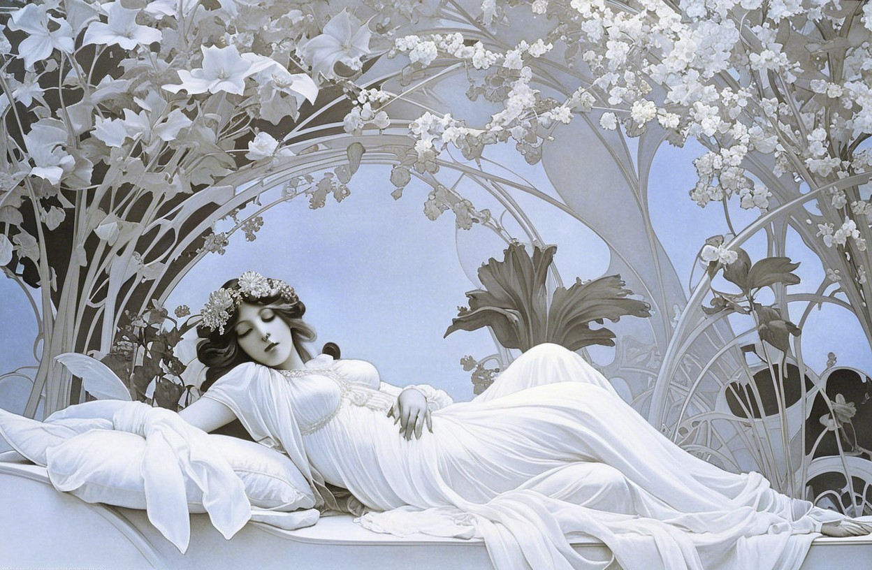 Ethereal Woman in White Gown Among Floral Motifs