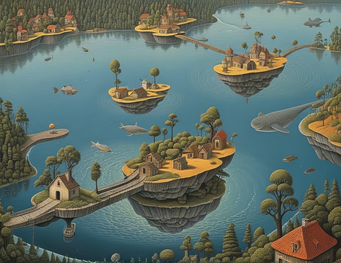 Whimsical Floating Islands with Charming Cottages and Water