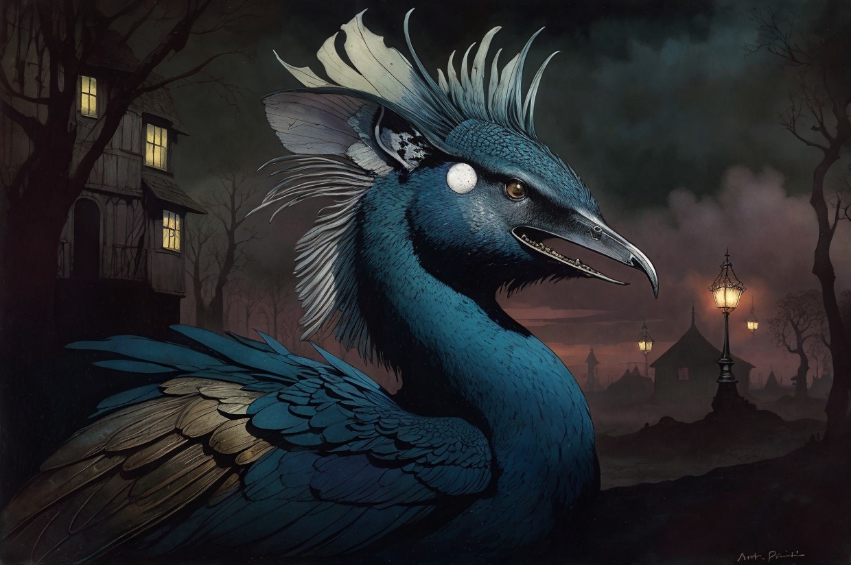 Fantastical Blue Bird with Ornate Crest and Foggy Scene