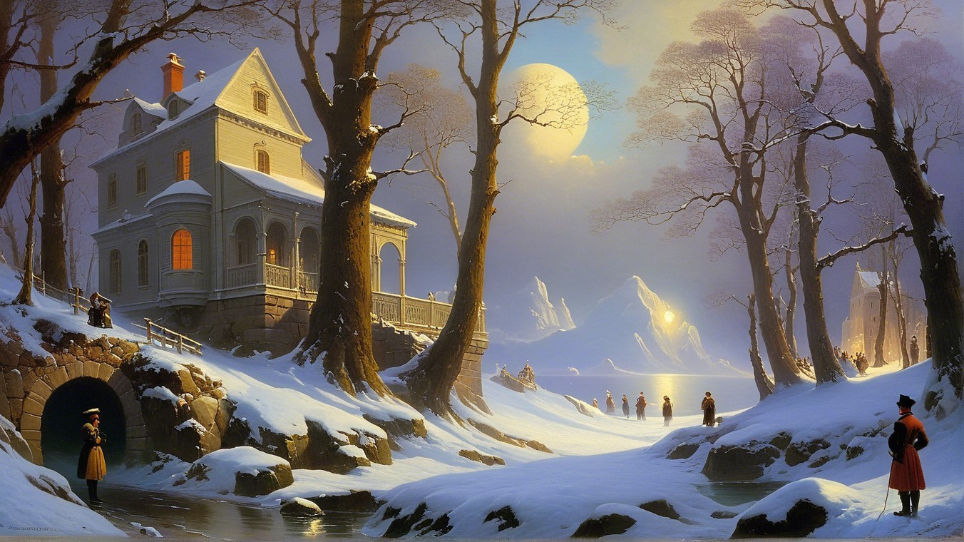 Winter Landscape with Snow-Covered House and Stream