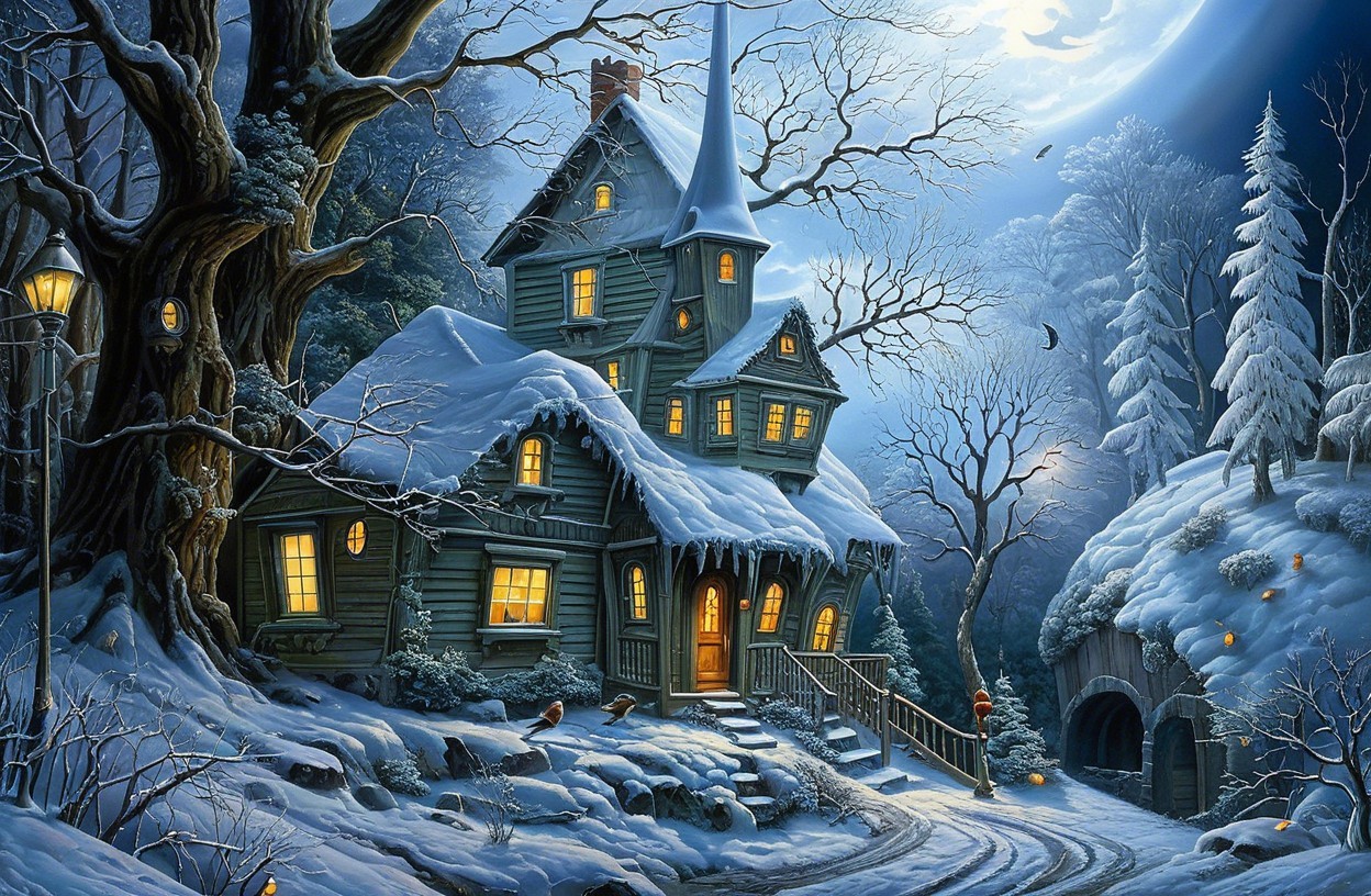 Whimsical Snow-Covered Cottage in Winter Landscape