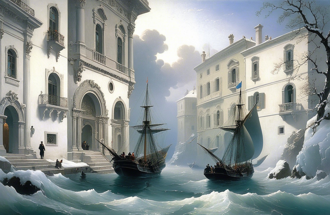 Serene Winter Scene with Sailing Ships and Architecture