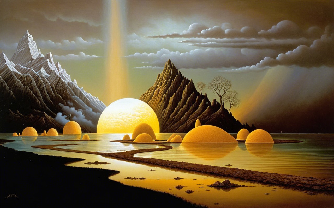 Surreal Landscape with Golden Sun and Tranquil Waters