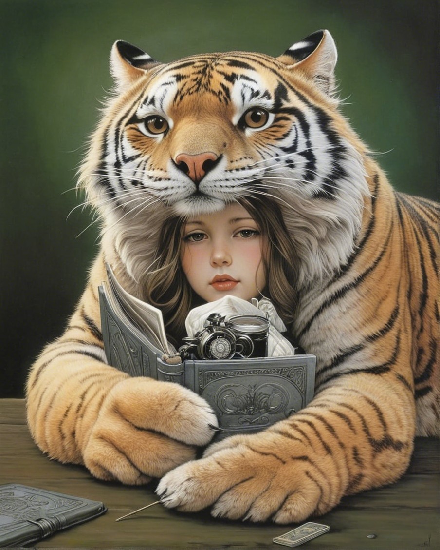 Young girl with tiger and ornate book in serene setting