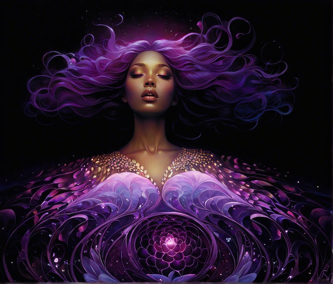 Serene figure with vibrant purple hair and patterns
