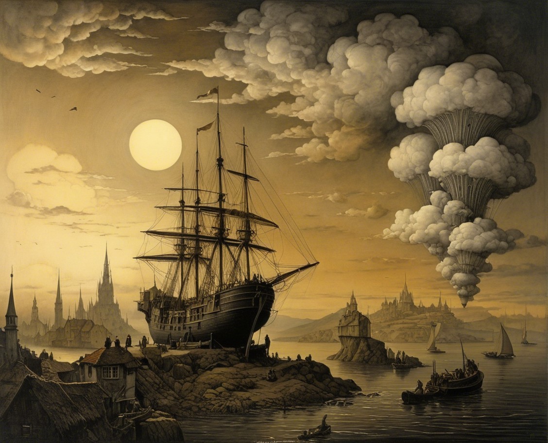 Majestic Ship Anchored on Rocky Shores at Twilight