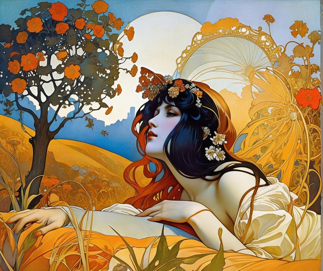 Serene woman in floral crown among vibrant plants