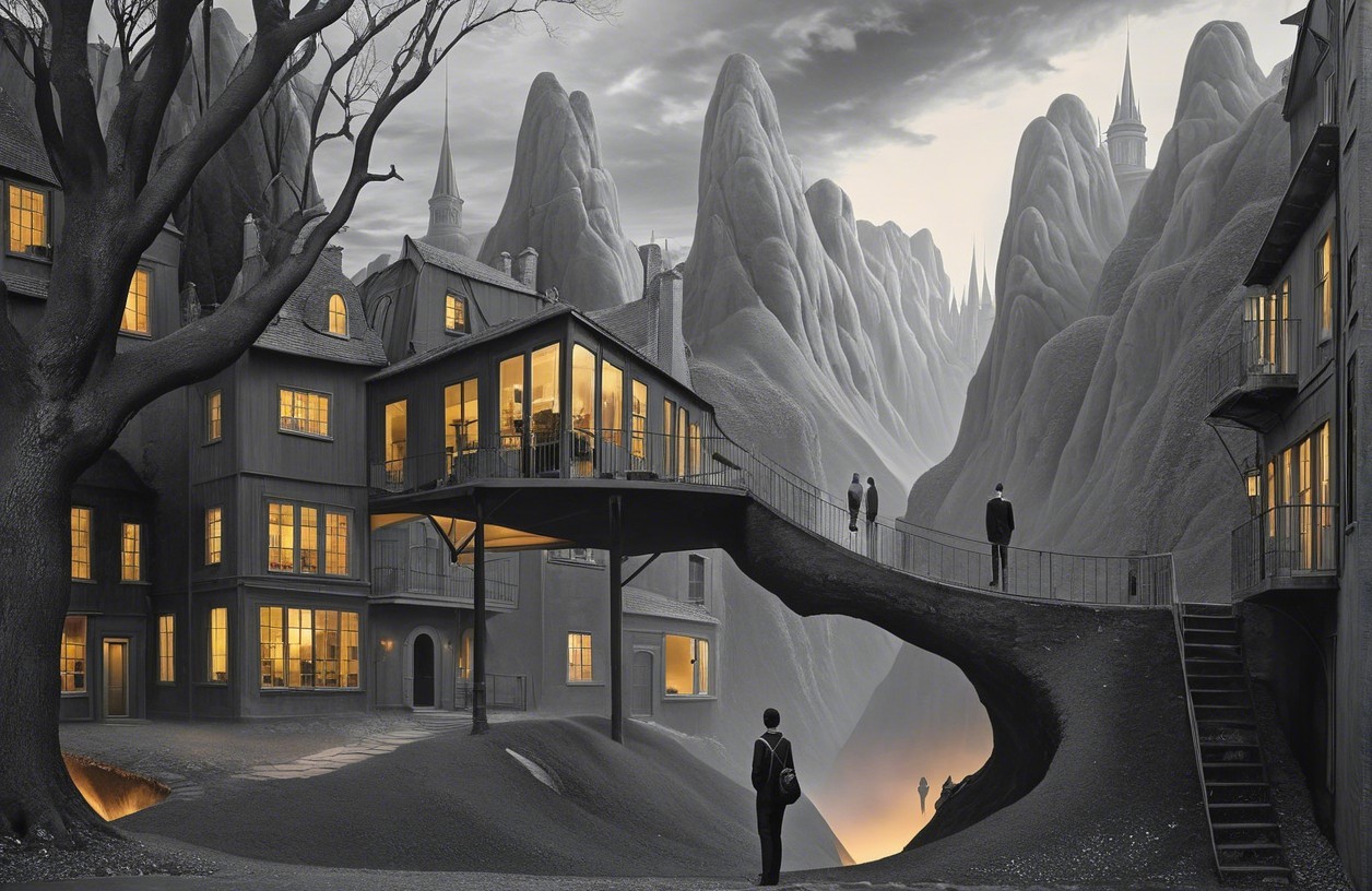 Surreal Landscape with Abstract Mountains and Village