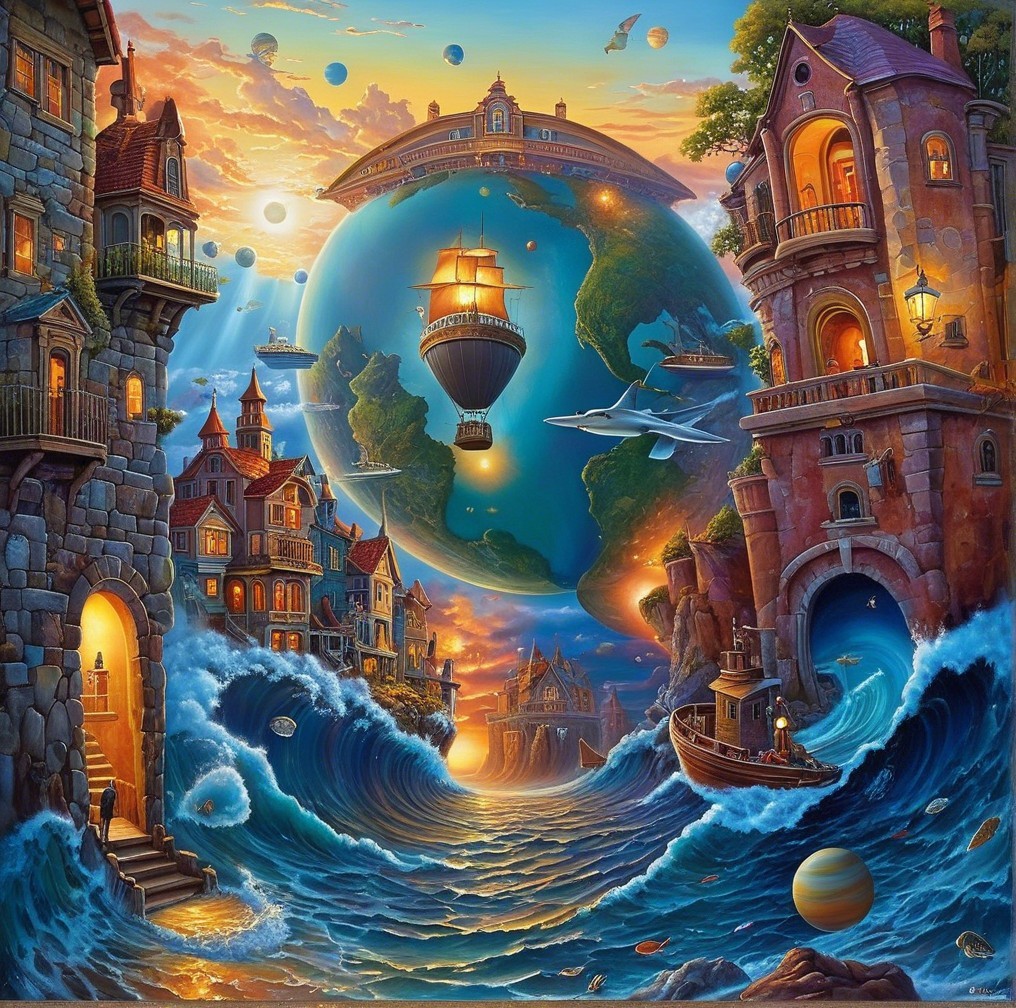 Surreal Landscape with Globe, Ships, and Villages