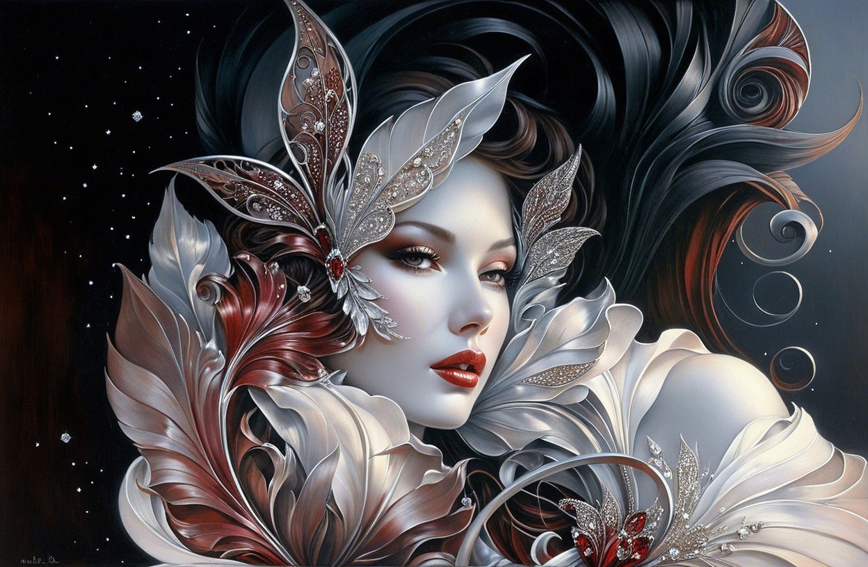 Ethereal Woman with Butterfly Motifs and Lush Background