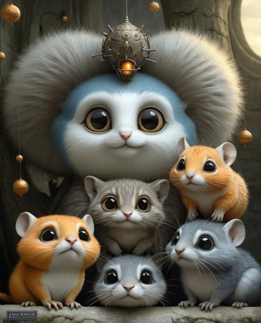 Whimsical Scene with Fluffy Blue Creature and Rodents
