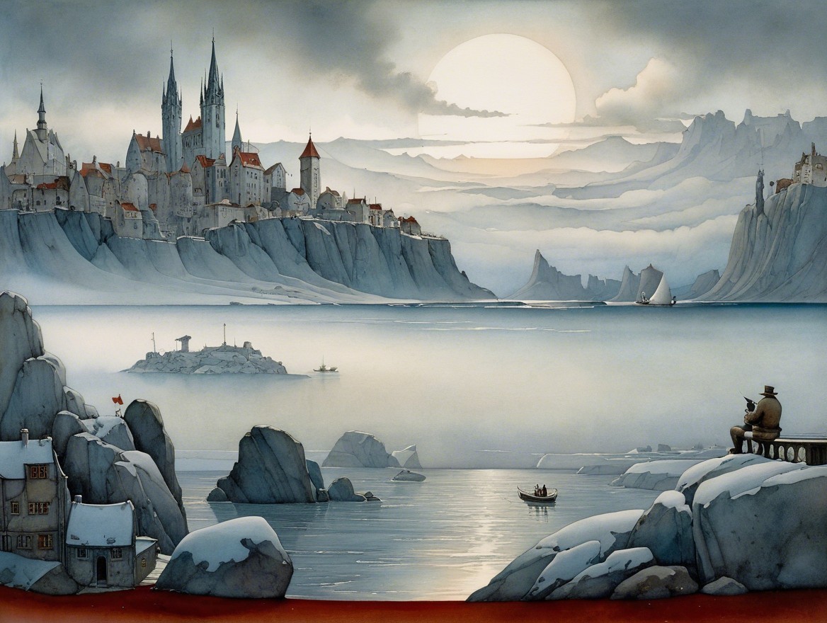 Twilight Scene of a Medieval Town by the Sea