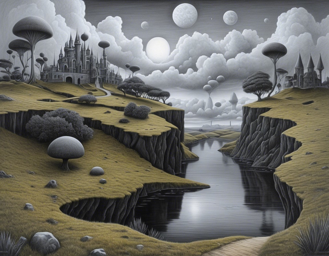 Surreal Monochrome Landscape with River and Castles