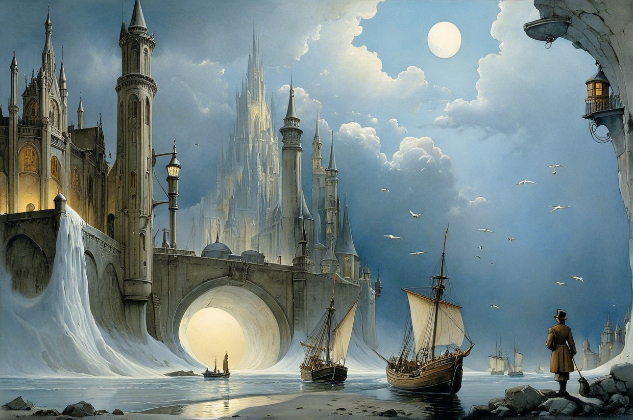Fantastical Landscape with Castles and Moonlit Sky