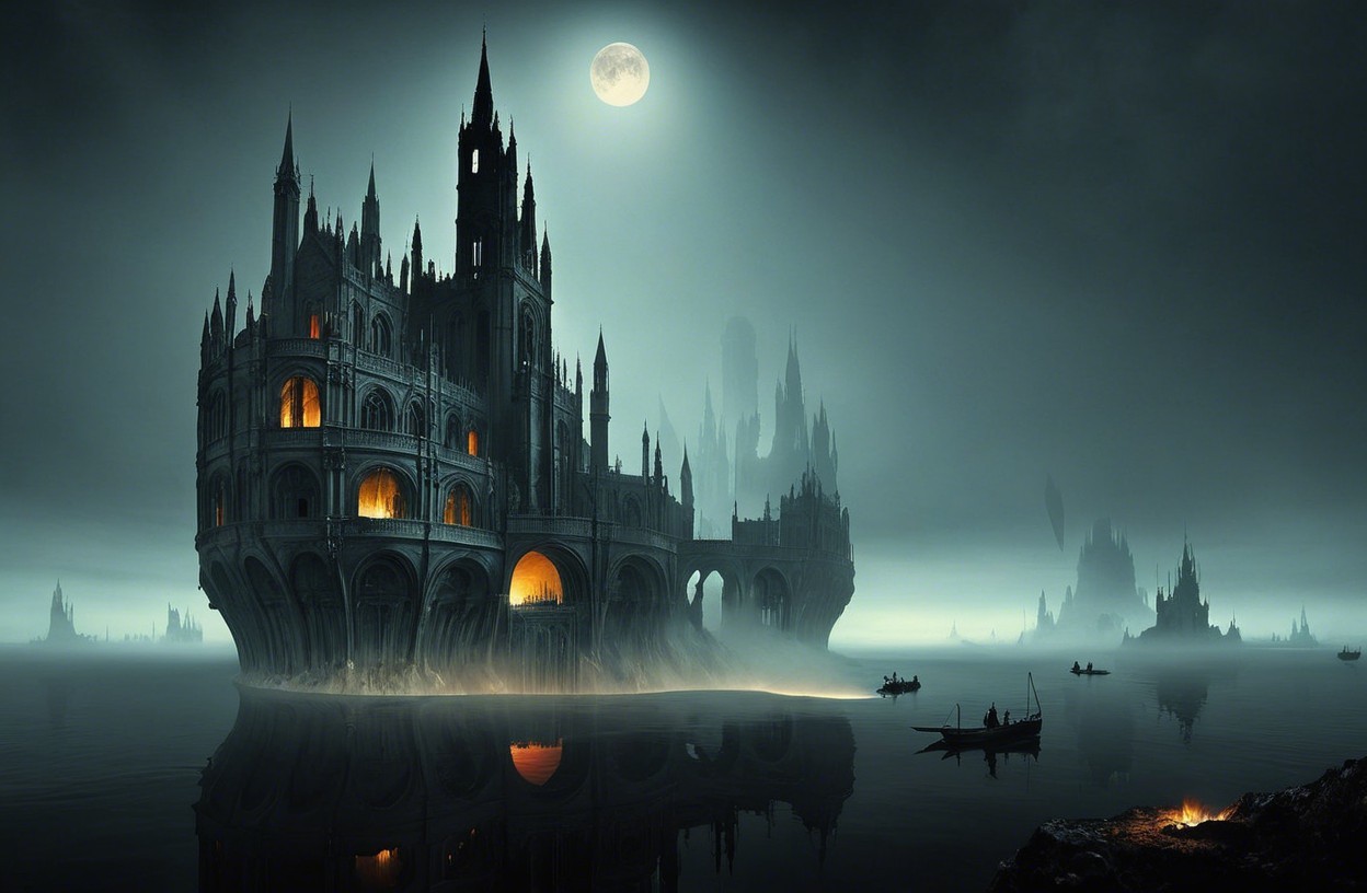 Gothic Castle by Misty Lake Under Full Moonlight