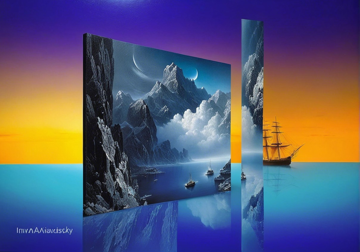 Surreal Landscape with Mountains and Serene Sea