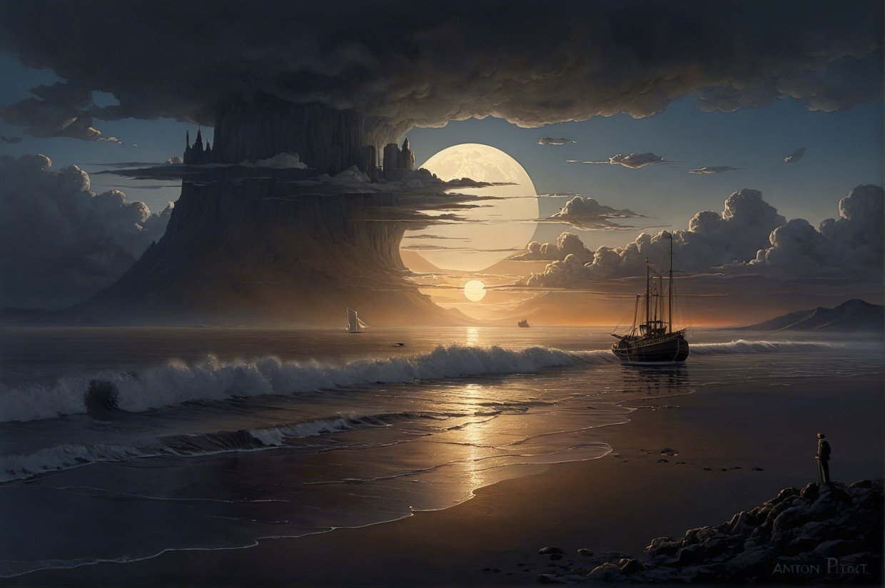 Dramatic Seascape with Moonlit Coastline and Island