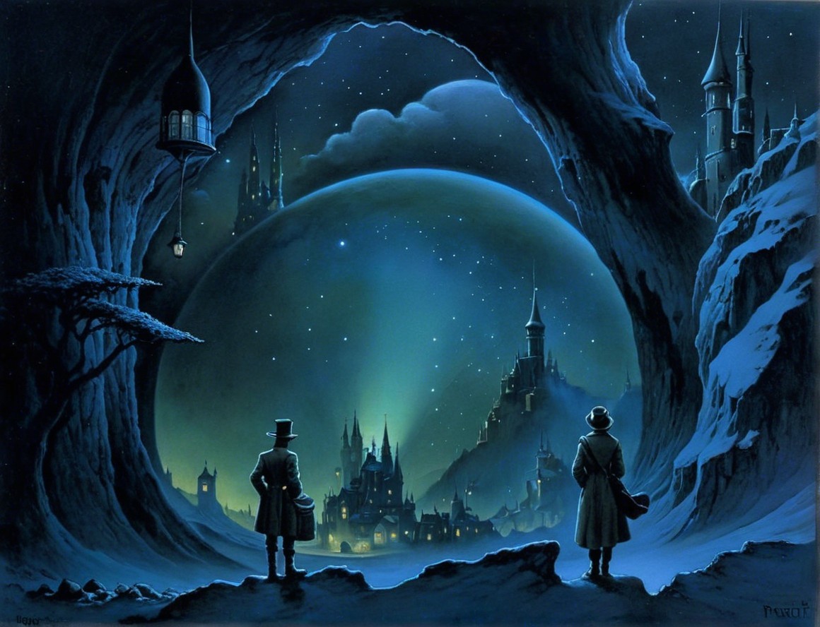 Mystical Night Landscape with Silhouetted Figures