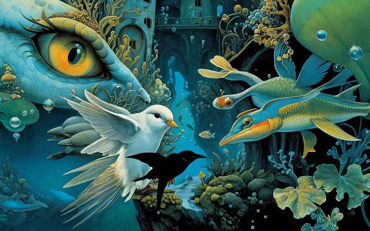 Surreal Underwater Scene with Marine Life and Plants