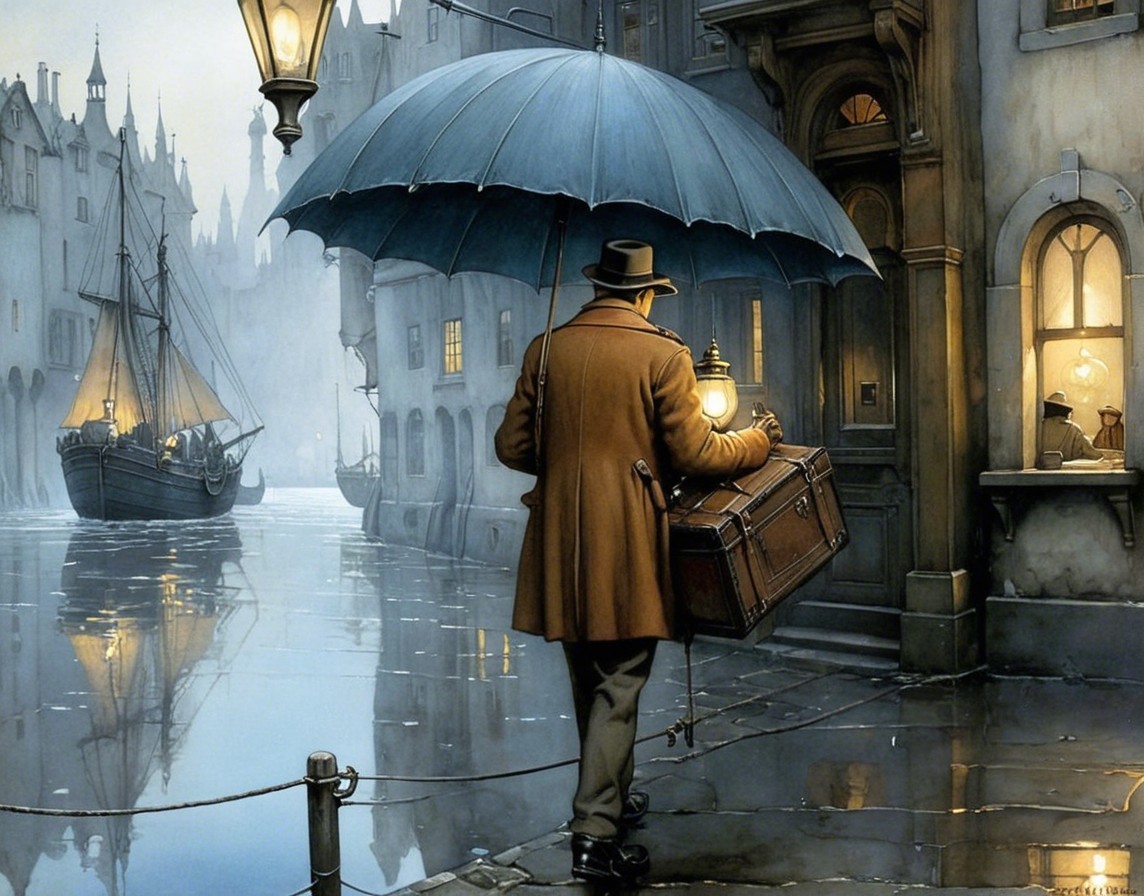 Misty Cobblestone Street with Vintage Ship and Umbrella
