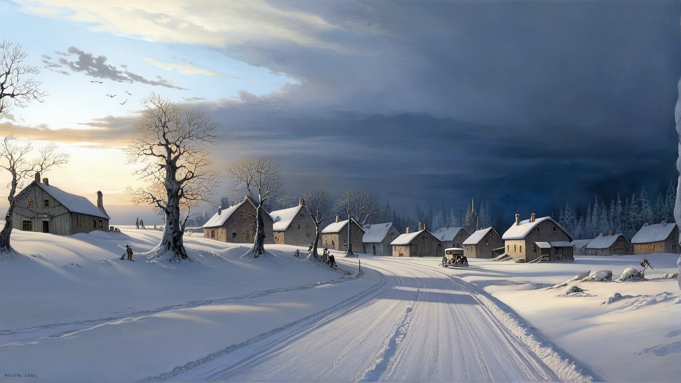 Serene Winter Landscape of a Snowy Village