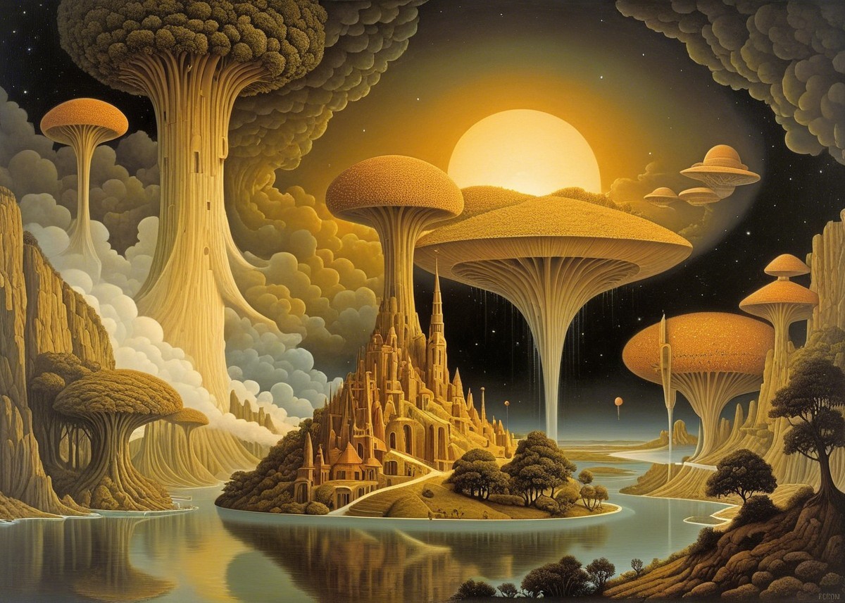 Fantastical Landscape with Mushroom Trees and Castle