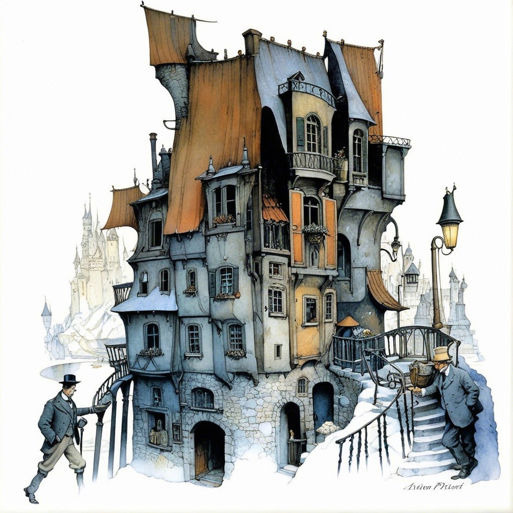 Surreal Building in Snowy Landscape with Vintage Figures