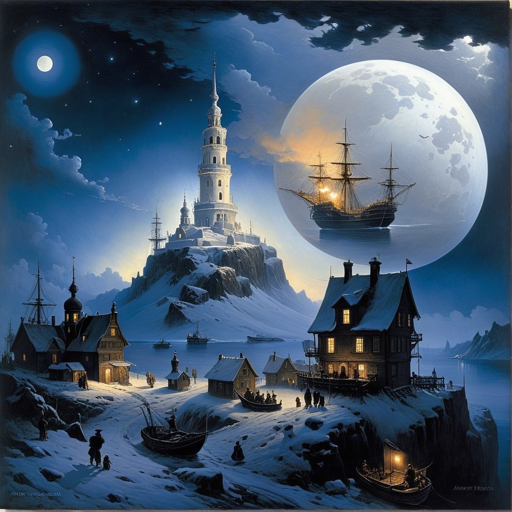 Mystical Nighttime Scene with Tower and Sailing Ship