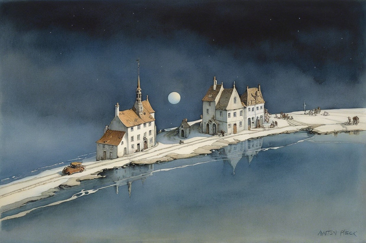 Tranquil Night Scene with Quaint Buildings and Moonlight