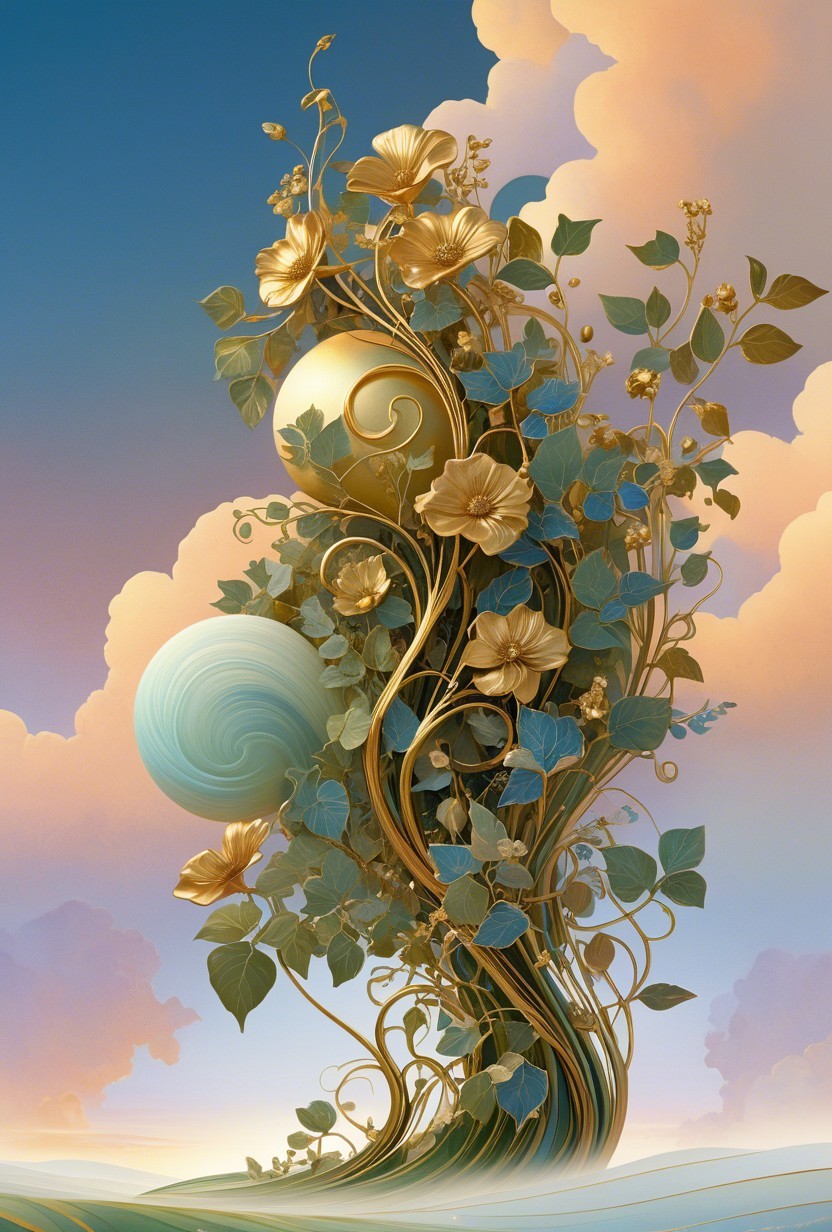 Whimsical Plant Composition with Golden Flowers and Spheres