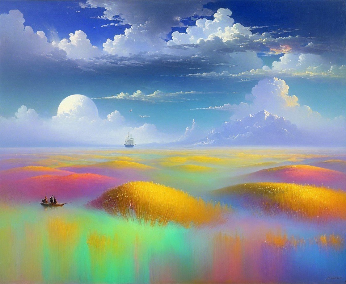 Vibrant Landscape with Moonlit Sky and Boats