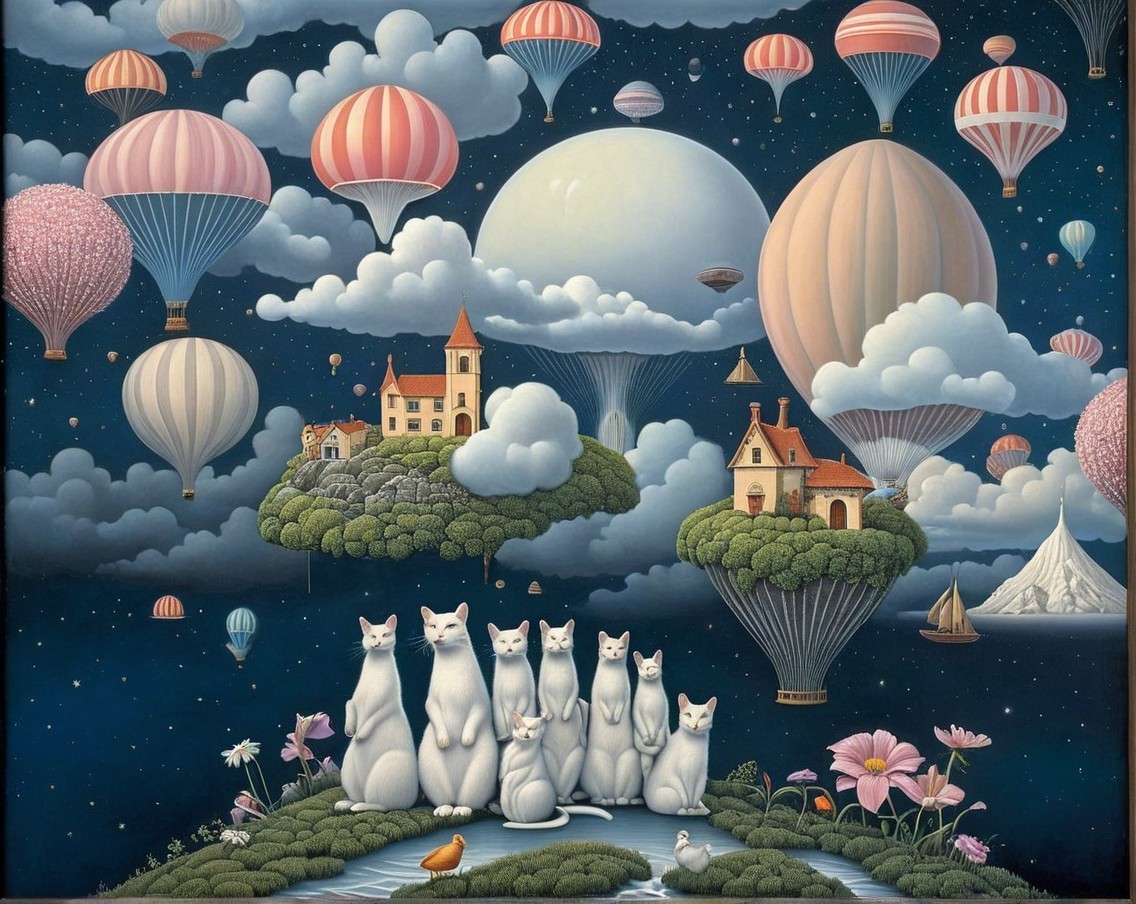 Dreamlike Landscape with Floating Islands and Cats