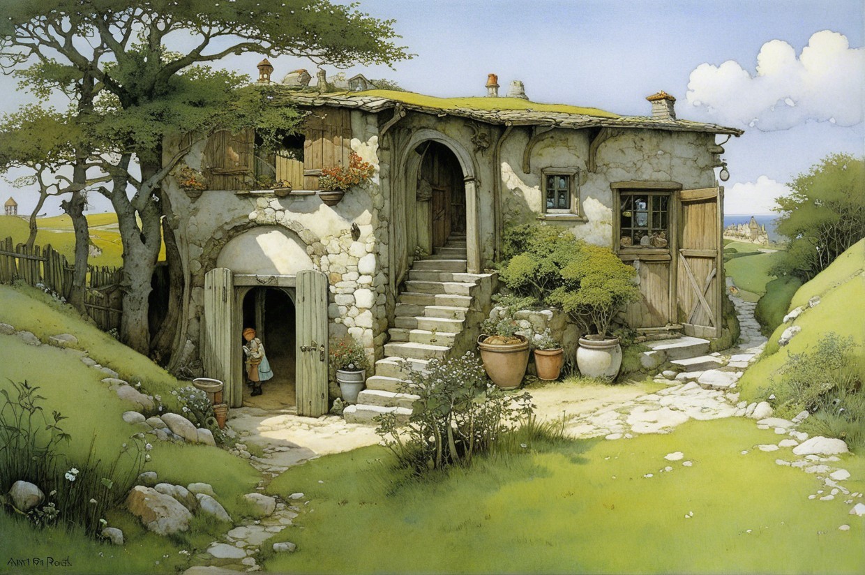 Charming Stone Cottage in a Whimsical Countryside Scene