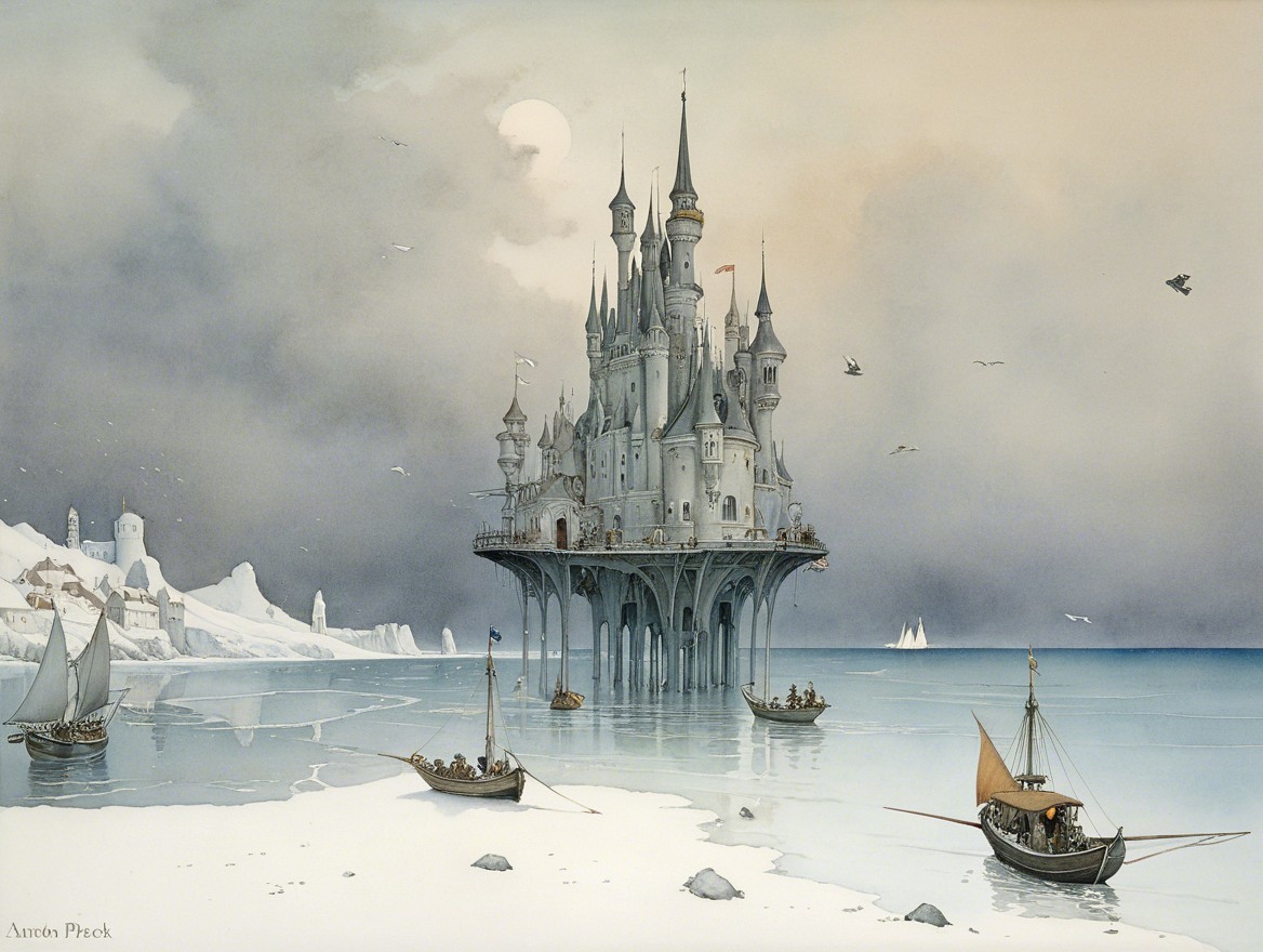 Surreal Castle on Calm Waters with Whimsical Spires