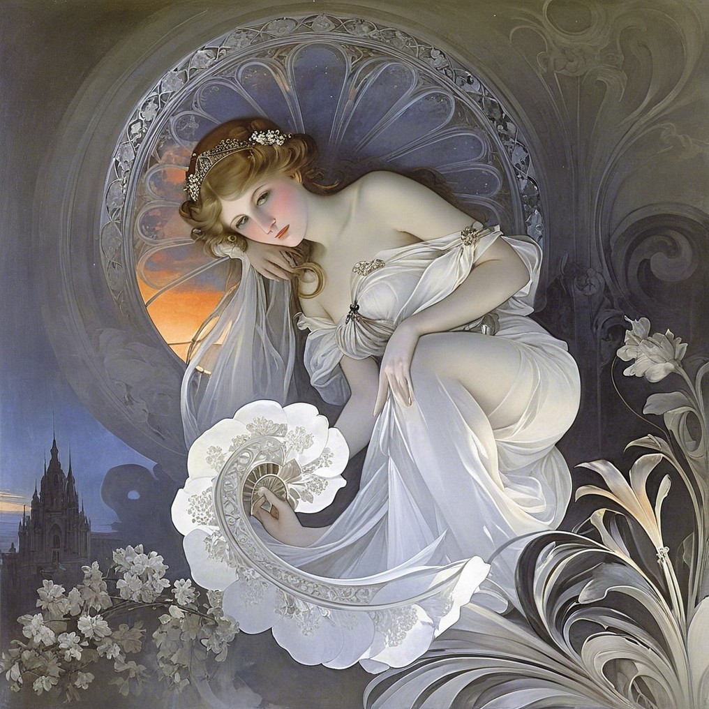 Serene Figure in White Gown Surrounded by Floral Motifs