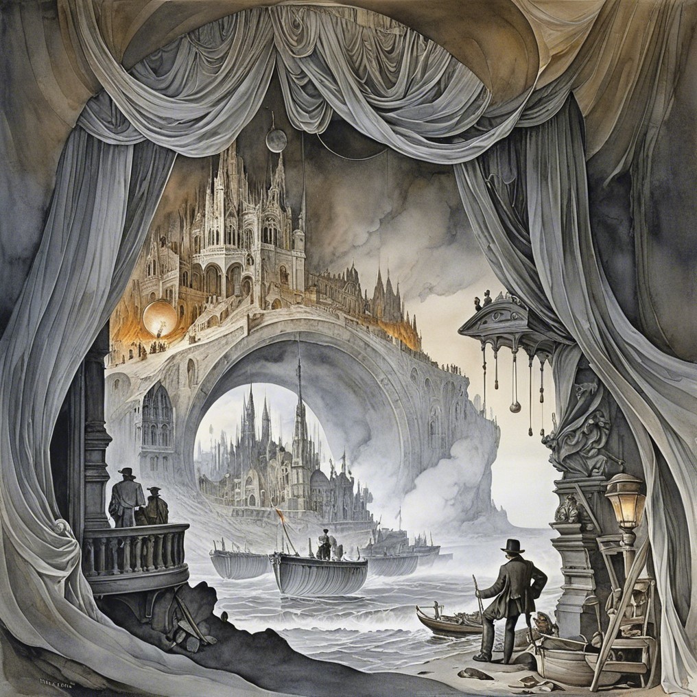 Fantastical City with Ethereal Bridge and Silhouettes