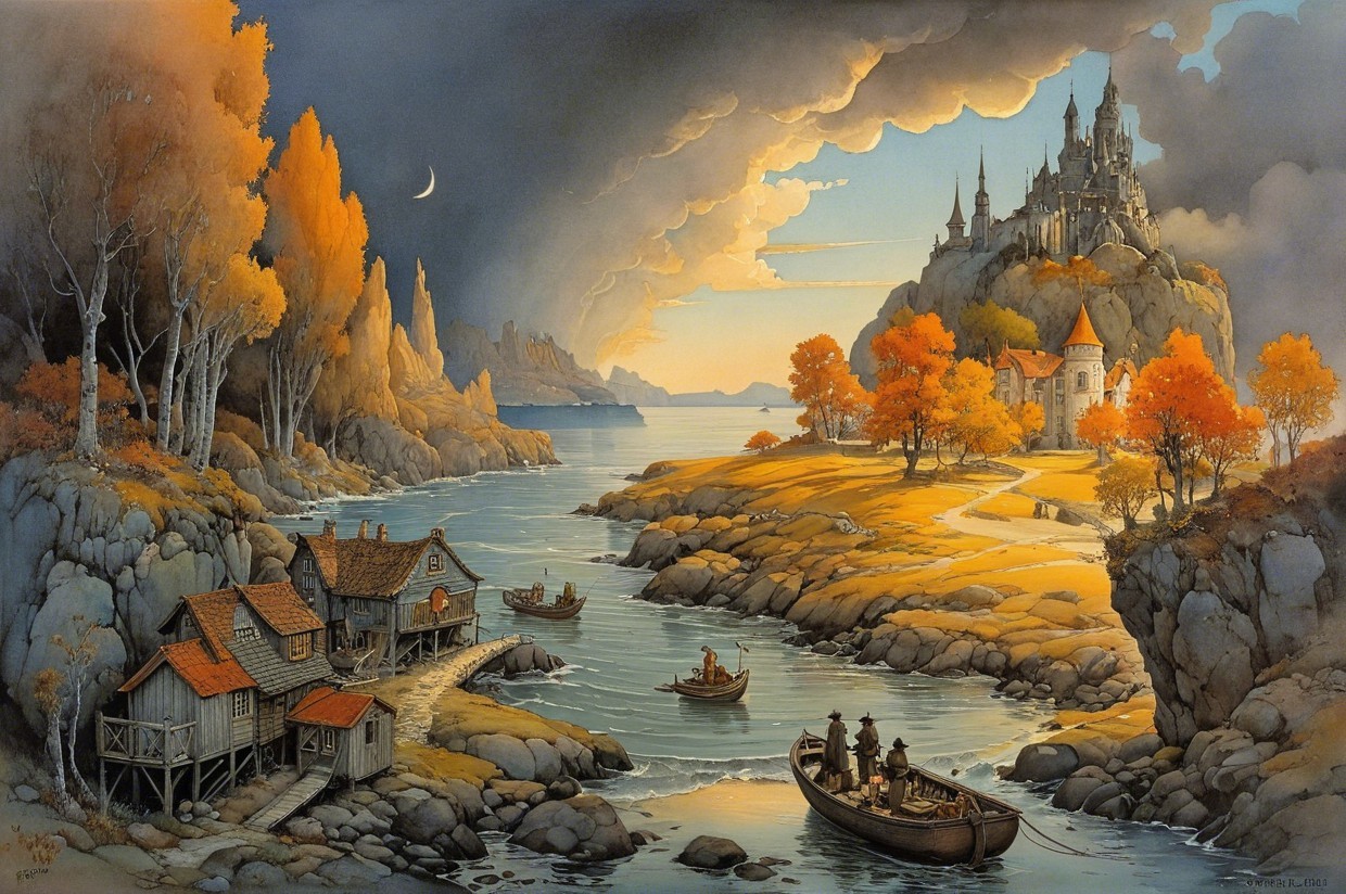 Quaint Village by River with Castle and Autumn Trees