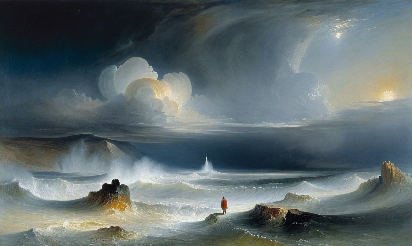 Dramatic Seascape with Waves and Lighthouse Glow