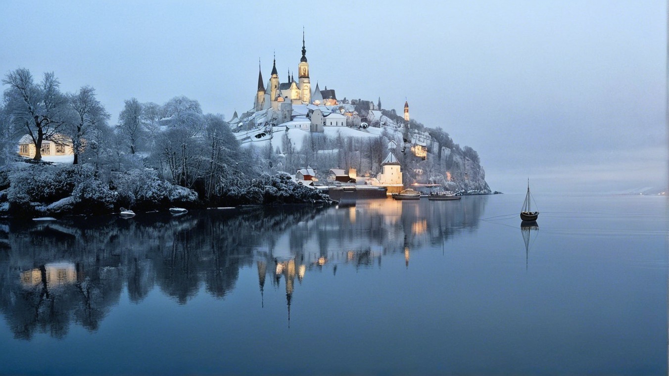 Snow-Covered Castle in a Serene Winter Landscape