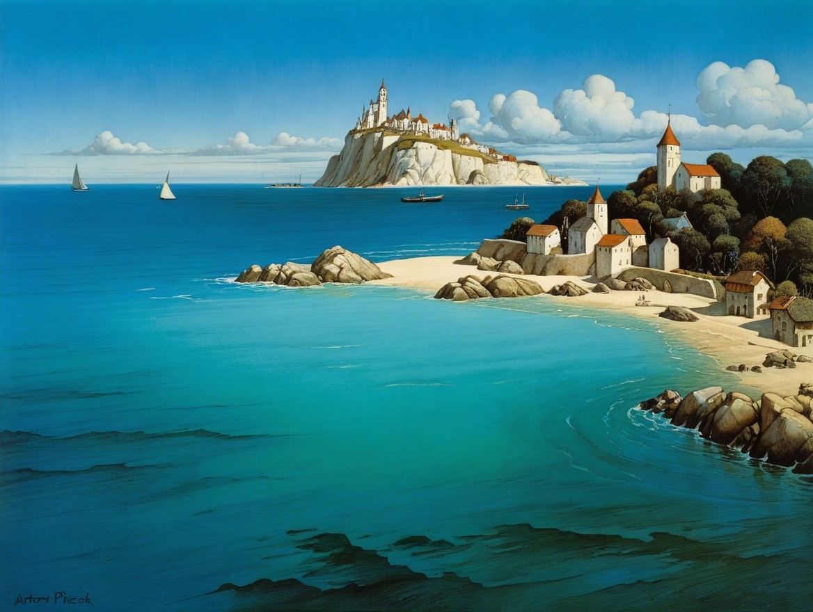 Coastal Scene with Sailboats and Charming Houses