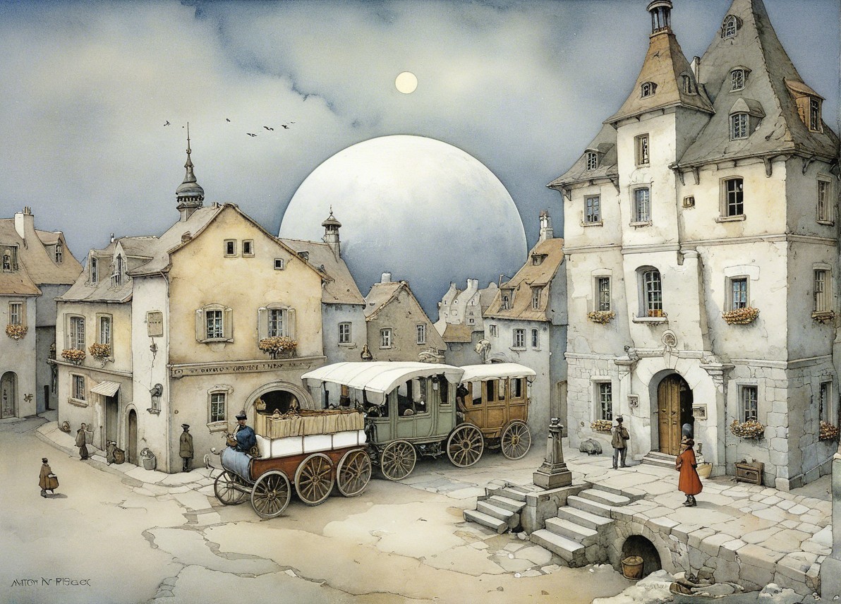 Charming Village Scene with Moonlit Atmosphere