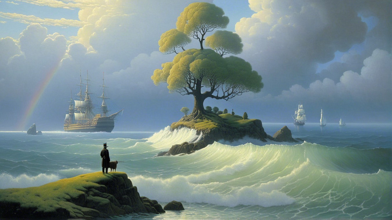 Serene Seascape with Waves, Ships, and Rainbow